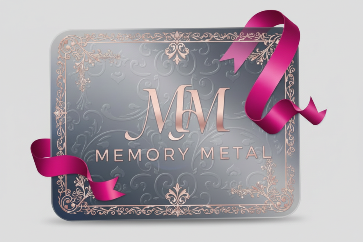 Decorative card with 'Memory Metal' logo and pink ribbons on a dark background