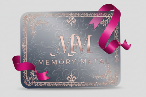 Decorative card with 'Memory Metal' logo and pink ribbons on a dark background